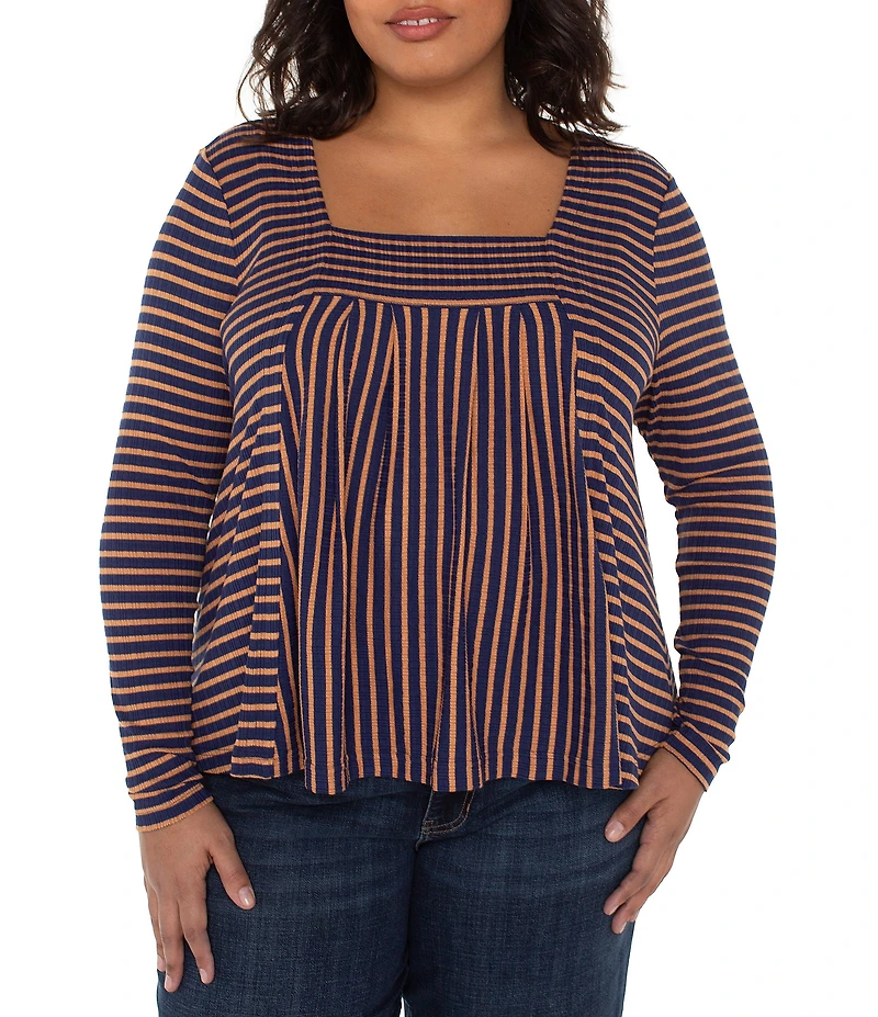 Liverpool Los Angeles Plus Size Ribbed Knit Stripe Square Neck Long Sleeve Top