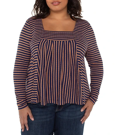 Liverpool Los Angeles Plus Size Ribbed Knit Stripe Square Neck Long Sleeve Top