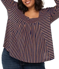 Liverpool Los Angeles Plus Size Ribbed Knit Stripe Square Neck Long Sleeve Top