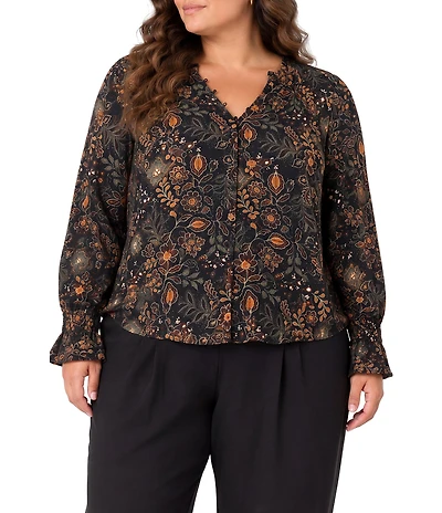 Liverpool Los Angeles Plus Size Sateen V-Neck Long Sleeve Button Front Blouse
