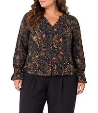 Liverpool Los Angeles Plus Size Sateen V-Neck Long Sleeve Button Front Blouse