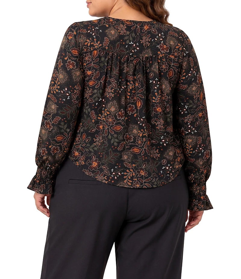 Liverpool Los Angeles Plus Size Sateen V-Neck Long Sleeve Button Front Blouse