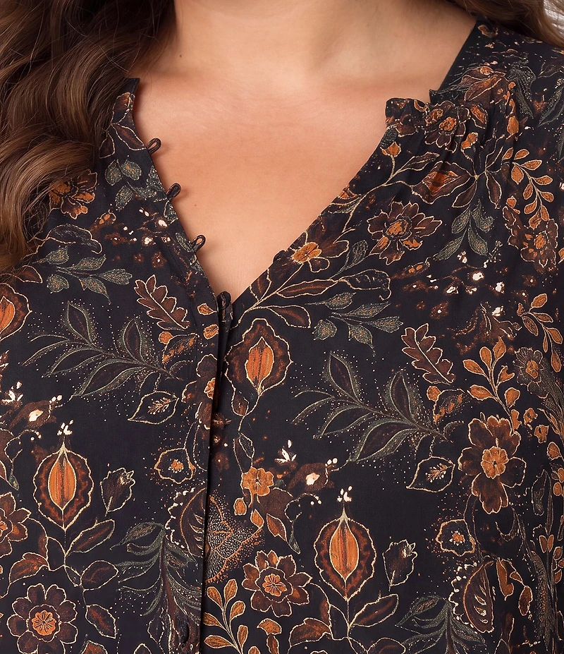 Liverpool Los Angeles Plus Size Sateen V-Neck Long Sleeve Button Front Blouse