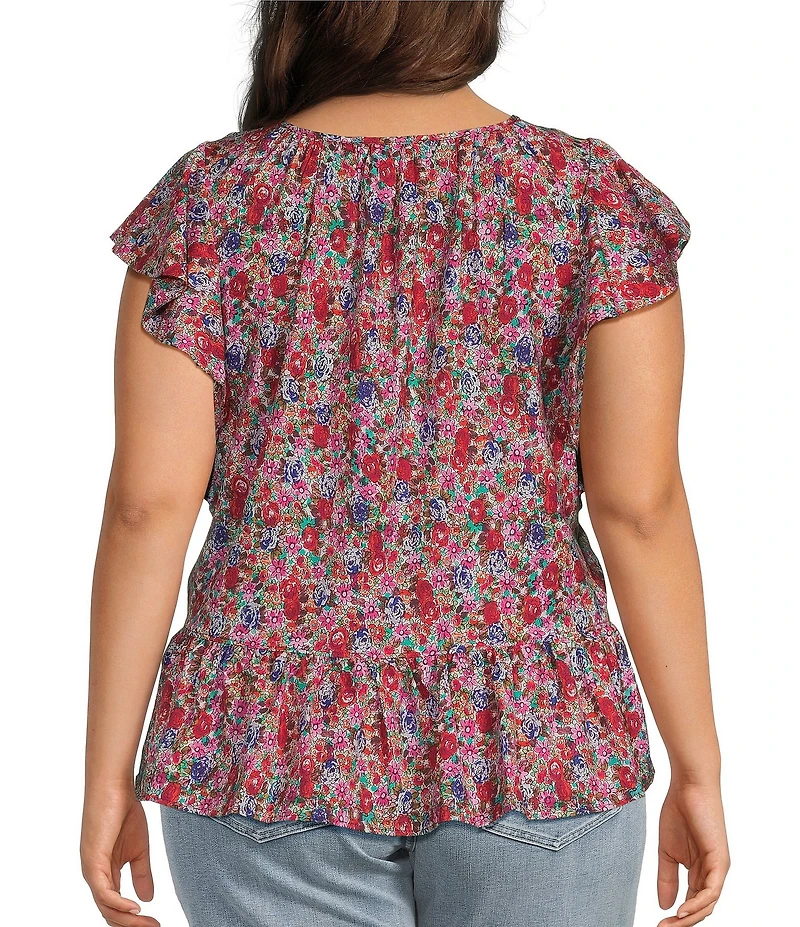 Liverpool Los Angeles Plus Size Stretch Woven Print V-Neck Flutter Sleeve Top