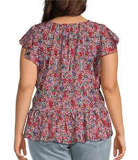Liverpool Los Angeles Plus Size Stretch Woven Print V-Neck Flutter Sleeve Top