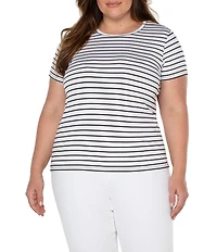 Liverpool Los Angeles Plus Size Stripe Knit Crew Neck Short Sleeve Slim Fit Tee Shirt
