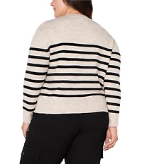 Liverpool Los Angeles Plus Size Stripe Ribbed Knit Crew Neck Long Sleeve Dropped Shoulder Sweater
