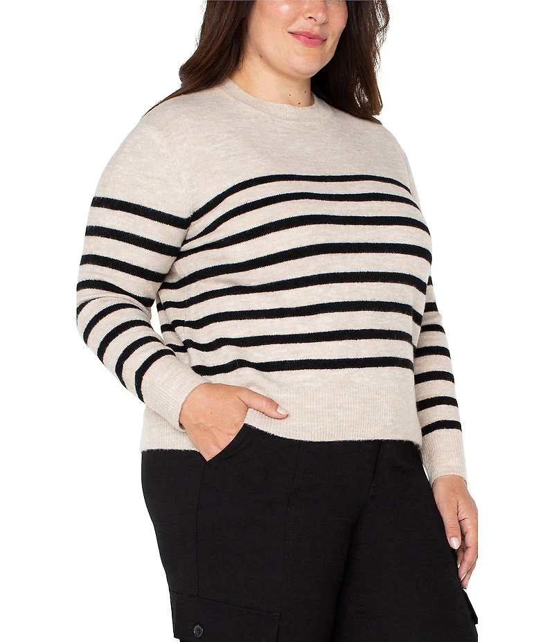 Liverpool Los Angeles Plus Size Stripe Ribbed Knit Crew Neck Long Sleeve Dropped Shoulder Sweater