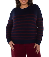 Liverpool Los Angeles Plus Size Stripe Ribbed Knit Crew Neck Long Sleeve Dropped Shoulder Sweater