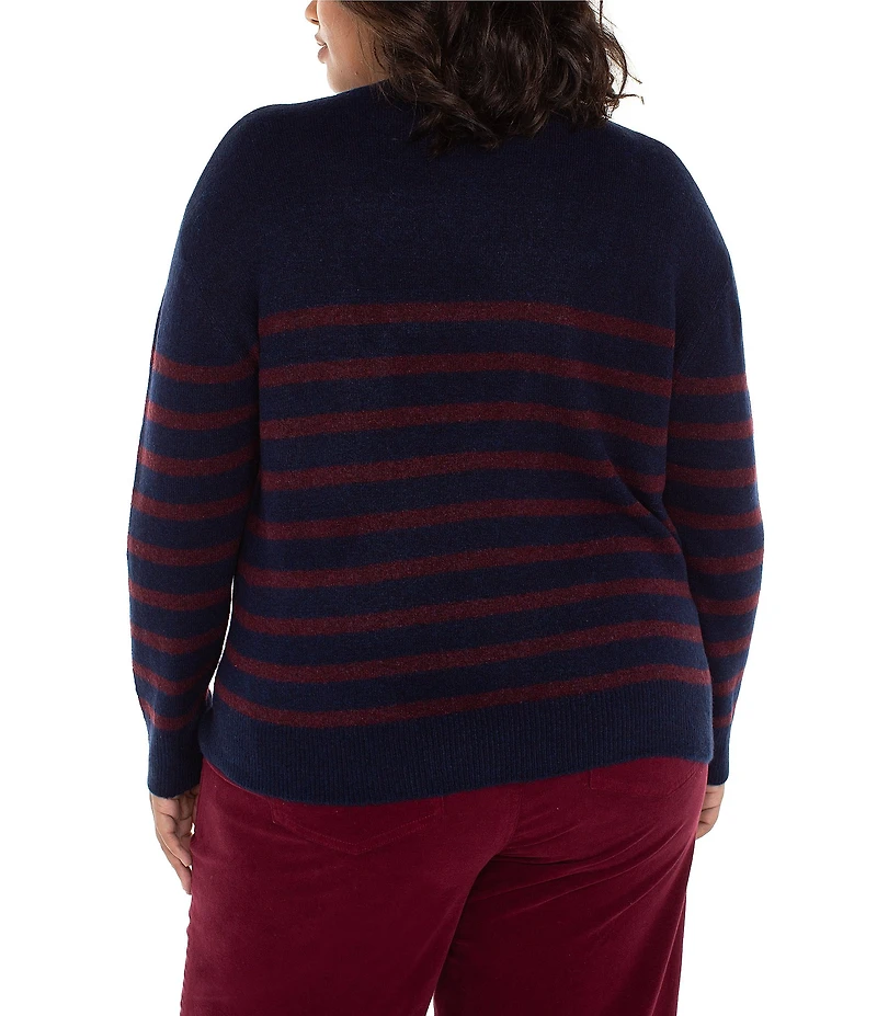Liverpool Los Angeles Plus Size Stripe Ribbed Knit Crew Neck Long Sleeve Dropped Shoulder Sweater