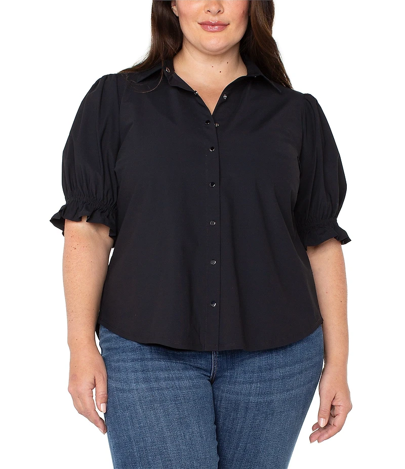 Liverpool Los Angeles Plus Size Tech Knit Point Collar Short Puff Ruffle Cuff Sleeve Button Front Shirt