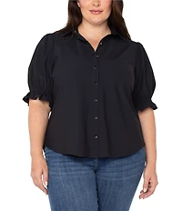 Liverpool Los Angeles Plus Size Tech Knit Point Collar Short Puff Ruffle Cuff Sleeve Button Front Shirt