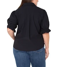 Liverpool Los Angeles Plus Size Tech Knit Point Collar Short Puff Ruffle Cuff Sleeve Button Front Shirt