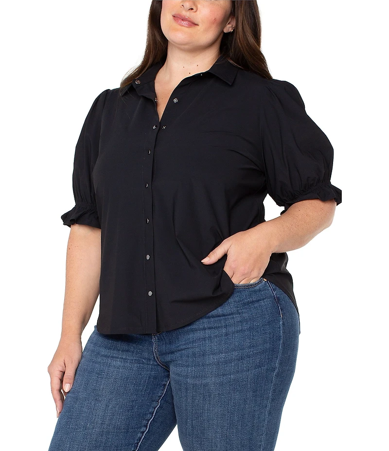 Liverpool Los Angeles Plus Size Tech Knit Point Collar Short Puff Ruffle Cuff Sleeve Button Front Shirt