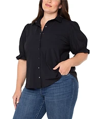 Liverpool Los Angeles Plus Size Tech Knit Point Collar Short Puff Ruffle Cuff Sleeve Button Front Shirt