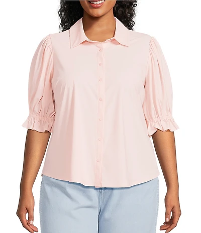 Liverpool Los Angeles Plus Size Tech Knit Point Collar Short Puff Ruffle Cuff Sleeve Button Front Shirt