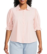 Liverpool Los Angeles Plus Size Tech Knit Point Collar Short Puff Ruffle Cuff Sleeve Button Front Shirt