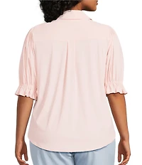 Liverpool Los Angeles Plus Size Tech Knit Point Collar Short Puff Ruffle Cuff Sleeve Button Front Shirt