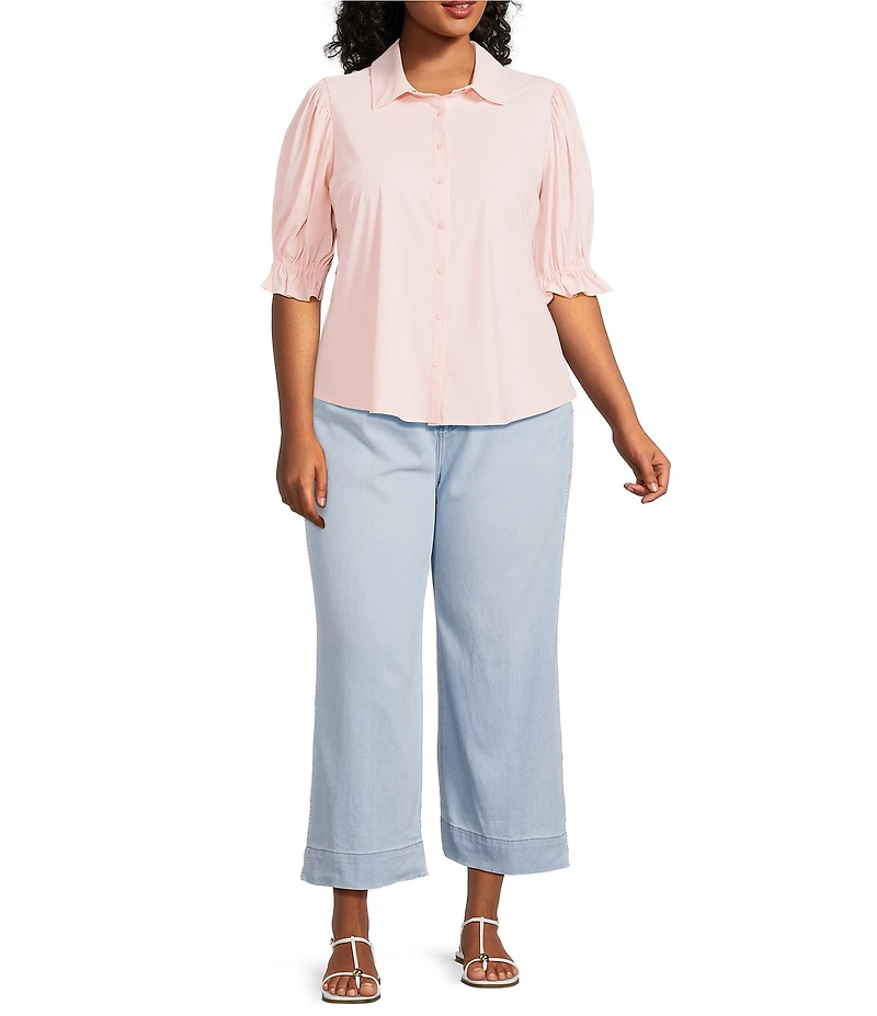 Liverpool Los Angeles Plus Size Tech Knit Point Collar Short Puff Ruffle Cuff Sleeve Button Front Shirt