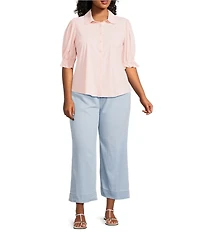 Liverpool Los Angeles Plus Size Tech Knit Point Collar Short Puff Ruffle Cuff Sleeve Button Front Shirt