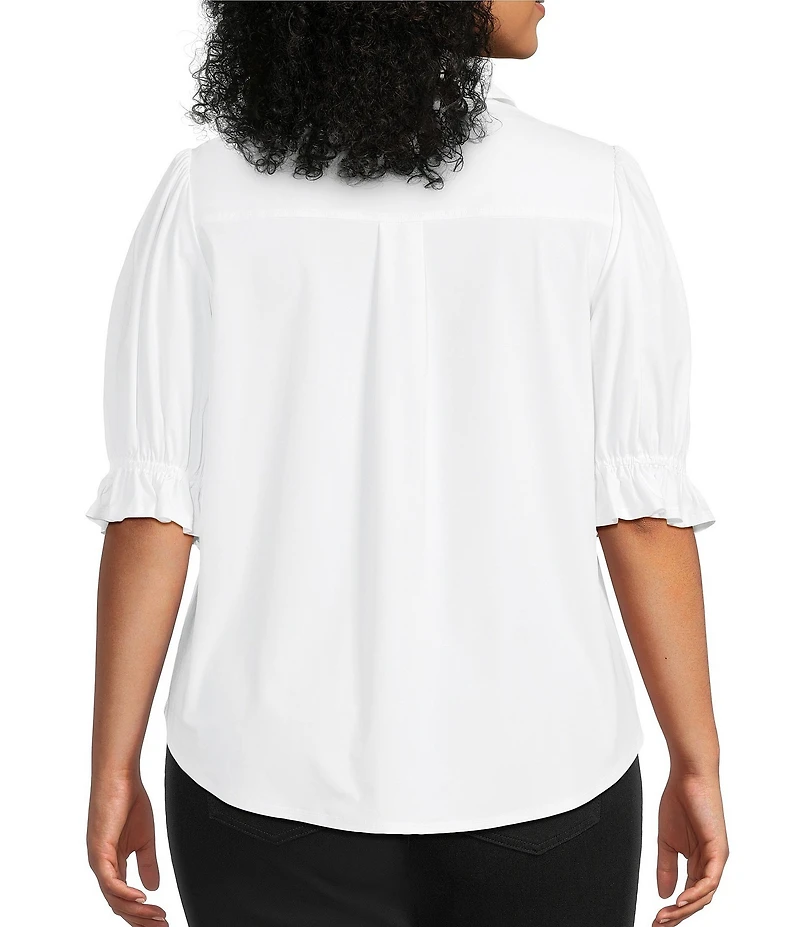 Liverpool Los Angeles Plus Size Tech Knit Point Collar Short Puff Ruffle Cuff Sleeve Button Front Shirt