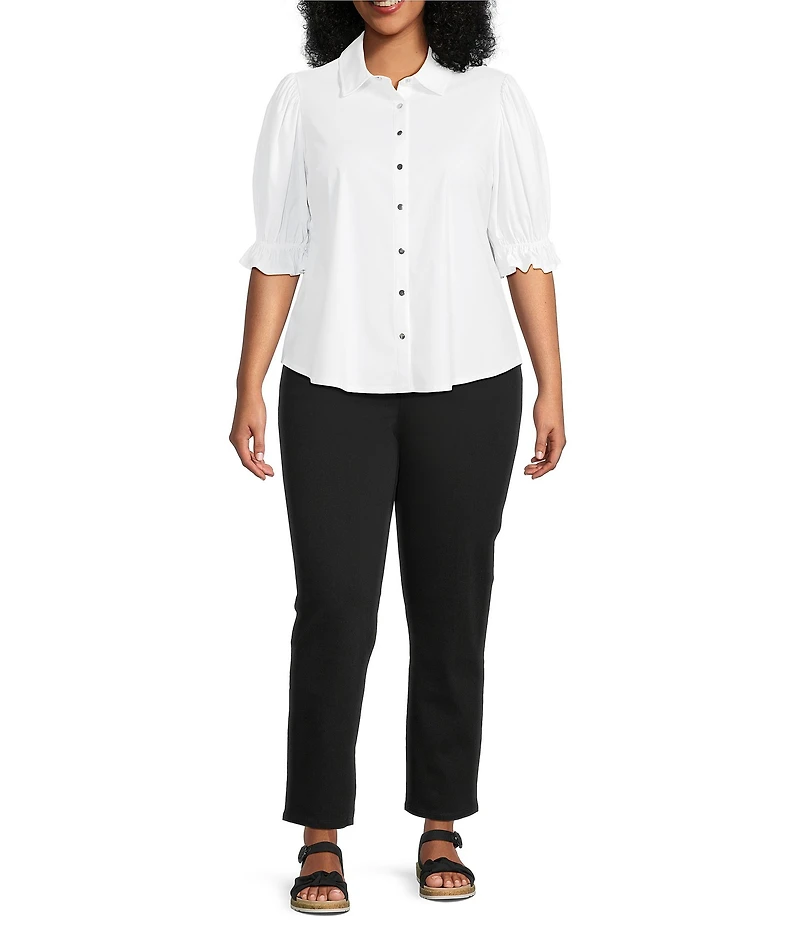 Liverpool Los Angeles Plus Size Tech Knit Point Collar Short Puff Ruffle Cuff Sleeve Button Front Shirt