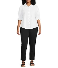 Liverpool Los Angeles Plus Size Tech Knit Point Collar Short Puff Ruffle Cuff Sleeve Button Front Shirt