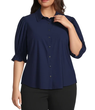 Liverpool Los Angeles Plus Size Tech Knit Point Collar Short Puff Ruffle Cuff Sleeve Button Front Shirt