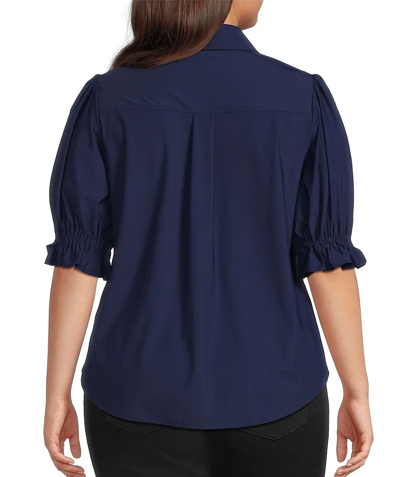 Liverpool Los Angeles Plus Size Tech Knit Point Collar Short Puff Ruffle Cuff Sleeve Button Front Shirt