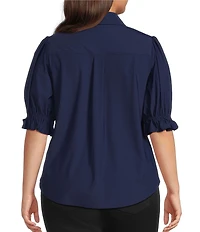 Liverpool Los Angeles Plus Size Tech Knit Point Collar Short Puff Ruffle Cuff Sleeve Button Front Shirt