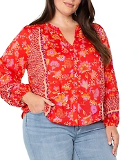 Liverpool Los Angeles Plus Size Woven Floral Split V-Neck Long Sleeve Button Front Blouse