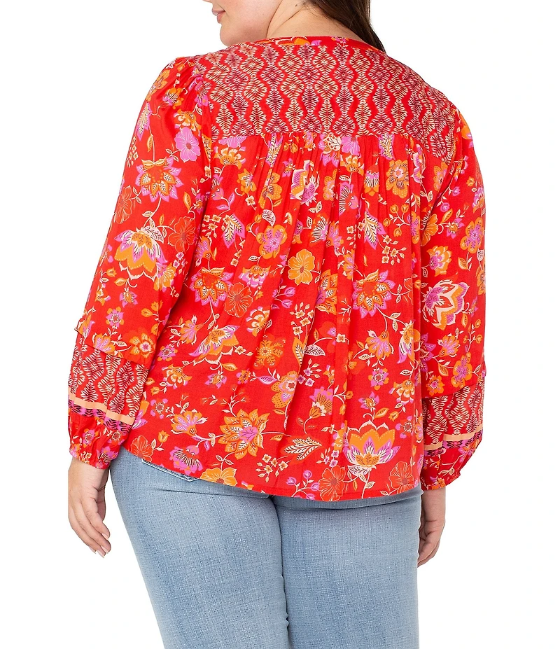 Liverpool Los Angeles Plus Size Woven Floral Split V-Neck Long Sleeve Button Front Blouse