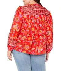 Liverpool Los Angeles Plus Size Woven Floral Split V-Neck Long Sleeve Button Front Blouse