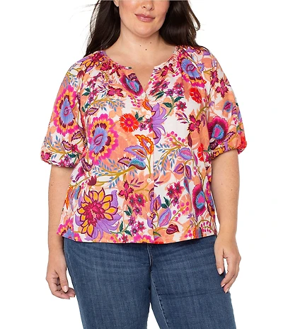 Liverpool Los Angeles Plus Size Woven Floral Split V-Neck Short Sleeve Button Front Blouse