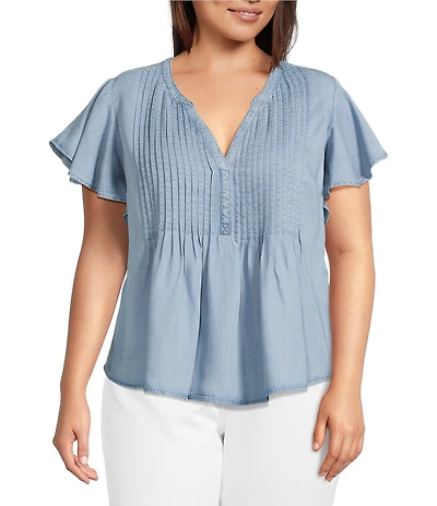 Liverpool Los Angeles Plus Size Woven Pintuck Split V-Neck Flutter Cap Sleeve Top