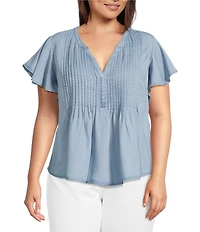 Liverpool Los Angeles Plus Size Woven Pintuck Split V-Neck Flutter Cap Sleeve Top