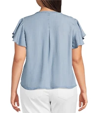 Liverpool Los Angeles Plus Size Woven Pintuck Split V-Neck Flutter Cap Sleeve Top