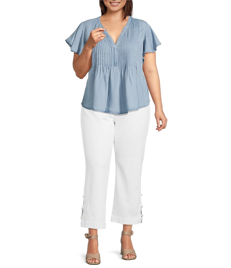 Liverpool Los Angeles Plus Size Woven Pintuck Split V-Neck Flutter Cap Sleeve Top
