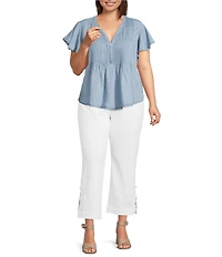 Liverpool Los Angeles Plus Size Woven Pintuck Split V-Neck Flutter Cap Sleeve Top