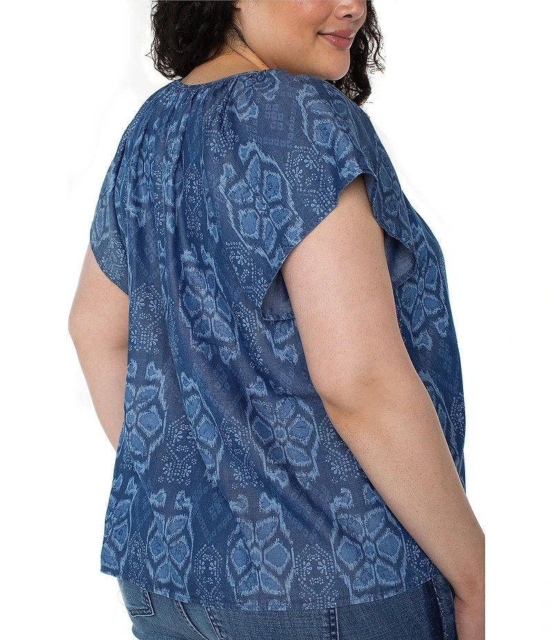 Liverpool Los Angeles Plus Size Woven Printed Split V-Neck Cap Sleeve Tie-Front Top