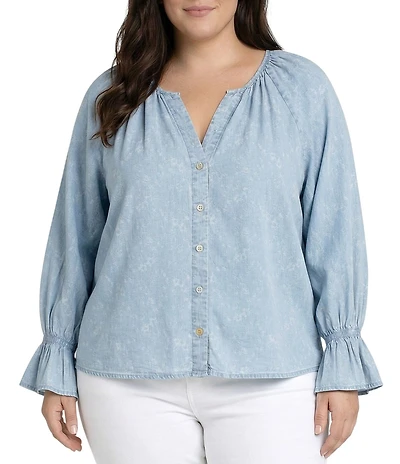 Liverpool Los Angeles Plus Size Woven Printed V-Neck 3/4 Sleeve Top