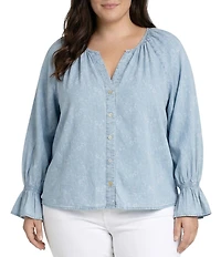 Liverpool Los Angeles Plus Size Woven Printed V-Neck 3/4 Sleeve Top