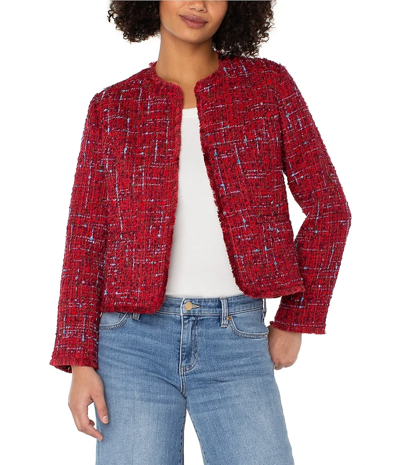 Liverpool Los Angeles Print Boucle Collarless Long Sleeve Frayed Jacket