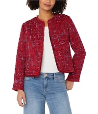 Liverpool Los Angeles Print Boucle Collarless Long Sleeve Frayed Jacket