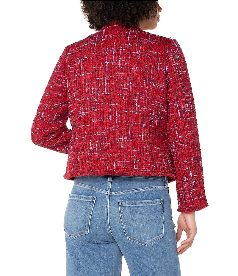 Liverpool Los Angeles Print Boucle Collarless Long Sleeve Frayed Jacket
