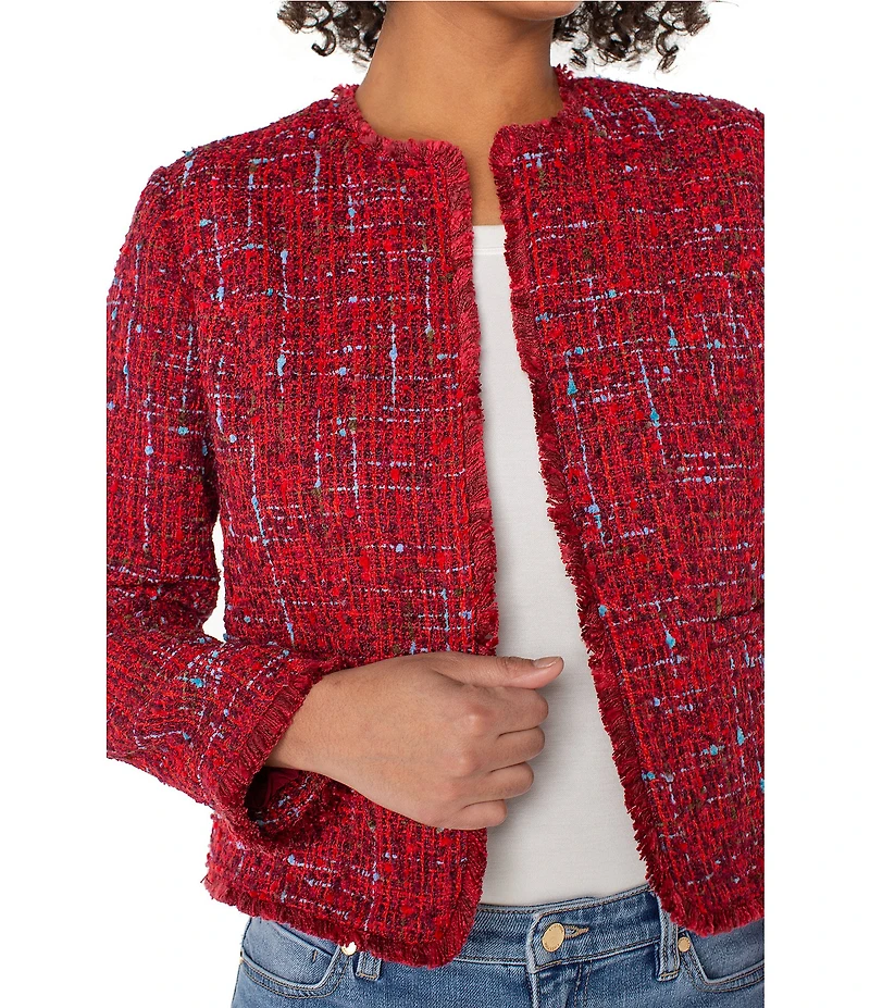 Liverpool Los Angeles Print Boucle Collarless Long Sleeve Frayed Jacket