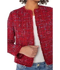 Liverpool Los Angeles Print Boucle Collarless Long Sleeve Frayed Jacket