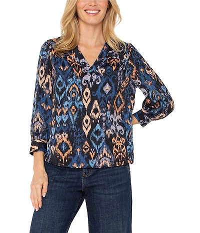 Liverpool Los Angeles Print Woven Sateen V-Neck 3/4 Sleeve Blouse