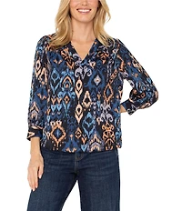 Liverpool Los Angeles Print Woven Sateen V-Neck 3/4 Sleeve Blouse
