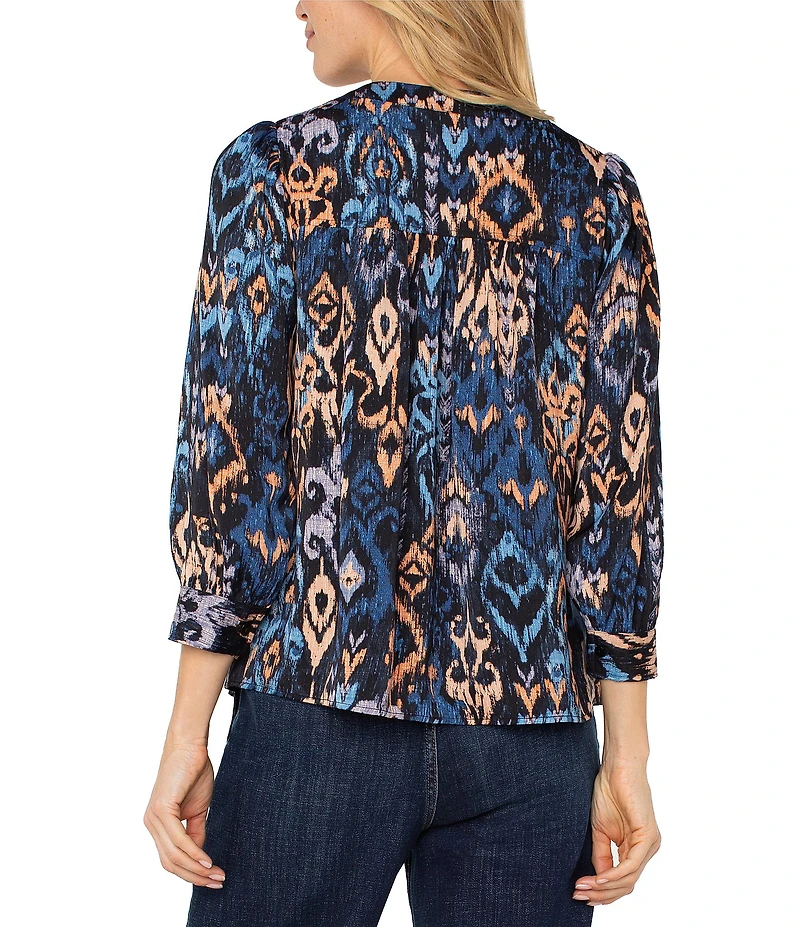 Liverpool Los Angeles Print Woven Sateen V-Neck 3/4 Sleeve Blouse